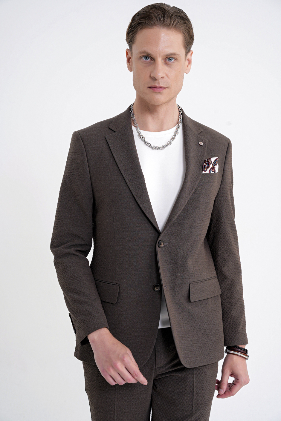 Slim Fit Çift Yırtmaç Gofre Kumaş Esnek Kahverengi Spor Takım Elbise TK 940