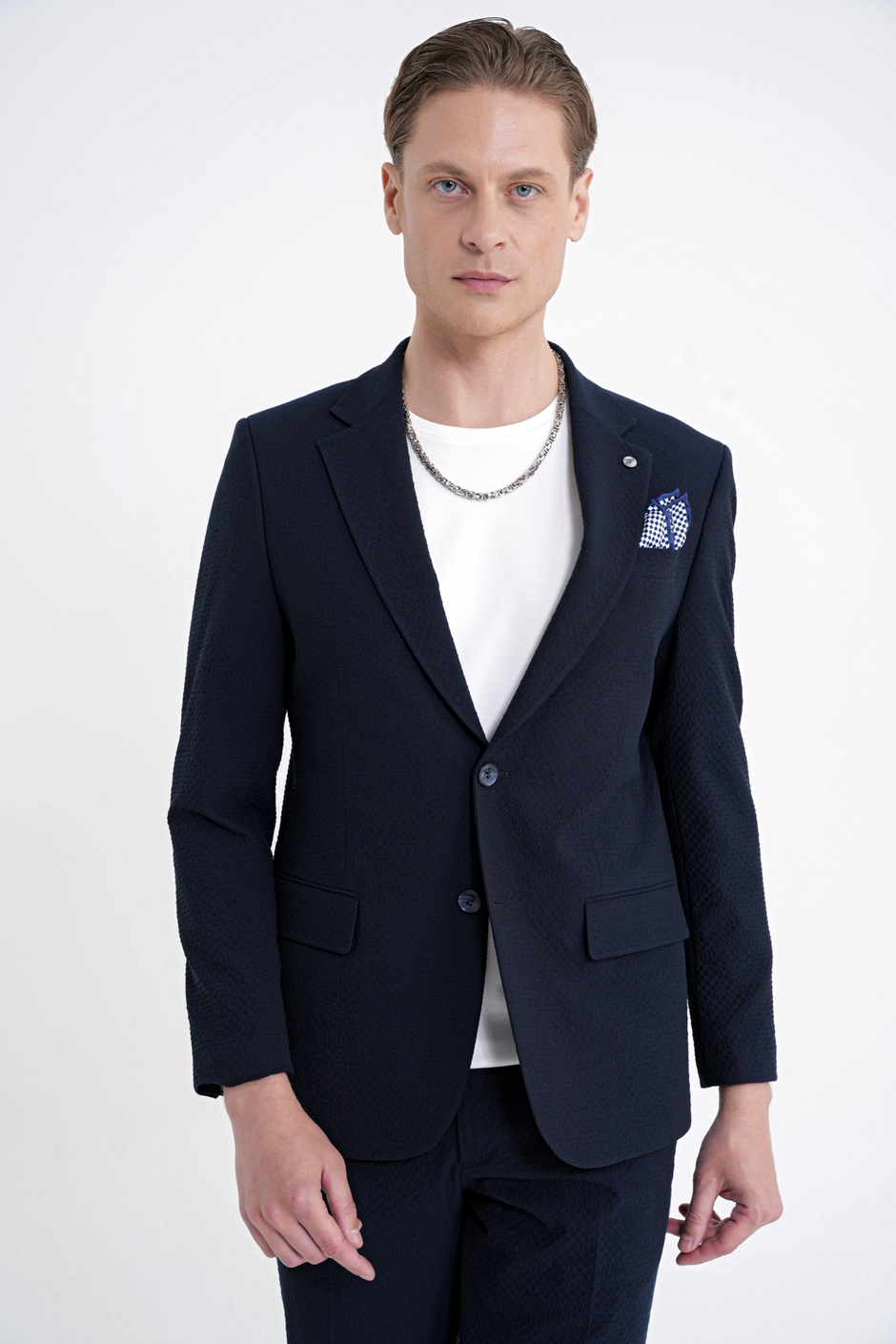 Slim Fit Çift Yırtmaç Gofre Kumaş Esnek Lacivert Spor Takım Elbise TK 940