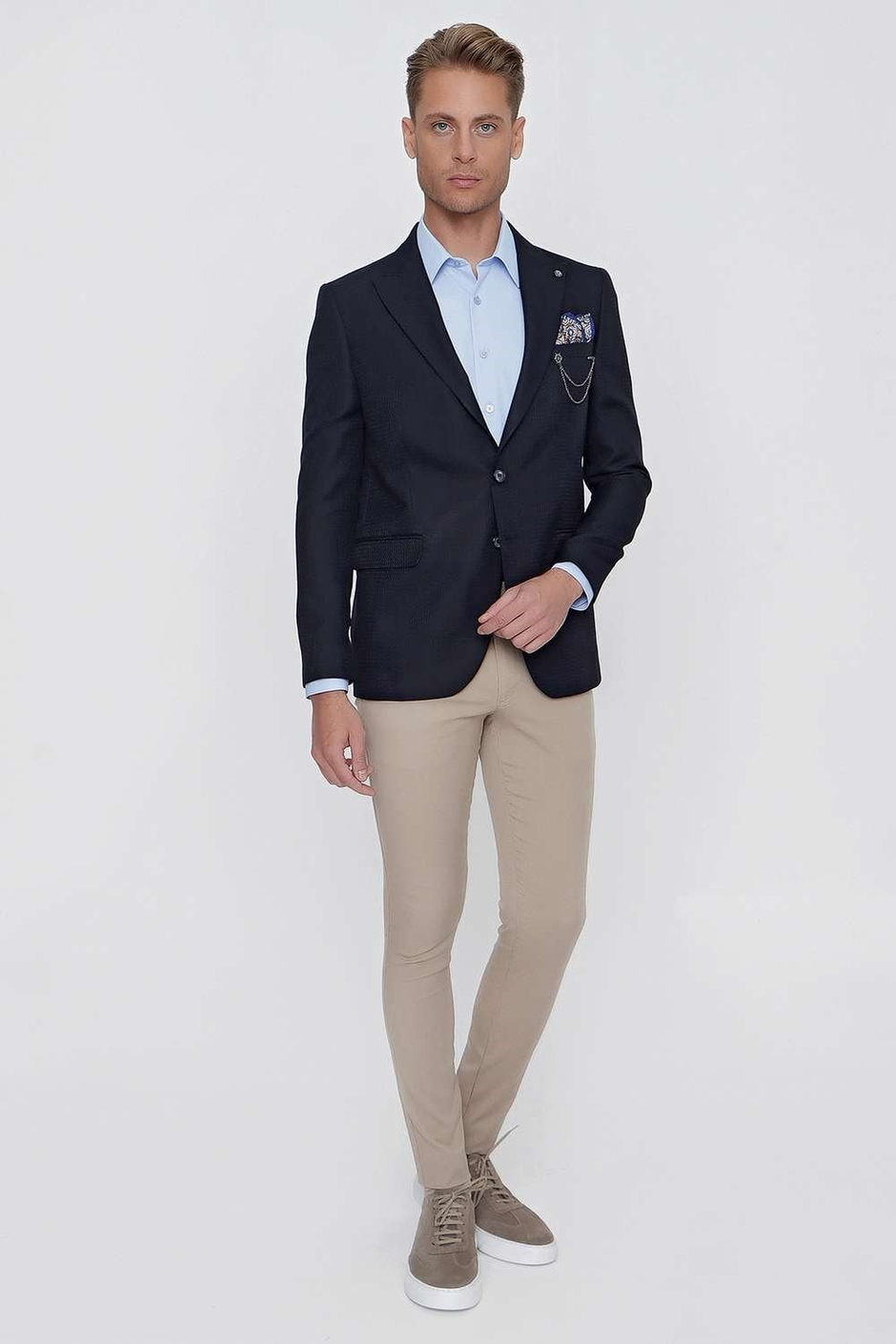 Slim Fit Çift Yırtmaç Kırangıç Yaka Armürlü Lacivert Blazer Ceket C 630