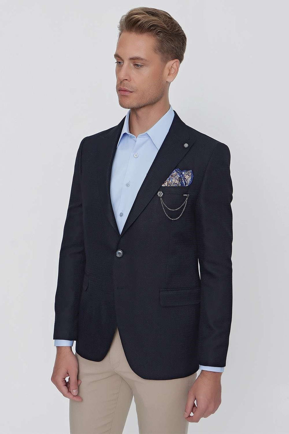 Slim Fit Çift Yırtmaç Kırangıç Yaka Armürlü Lacivert Blazer Ceket C 630