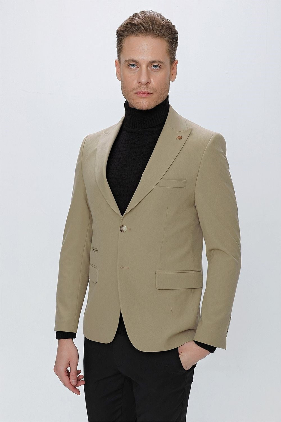 Slim Fit Çift Yırtmaç Kırangıç Yaka Düz Bej Blazer Ceket C 632