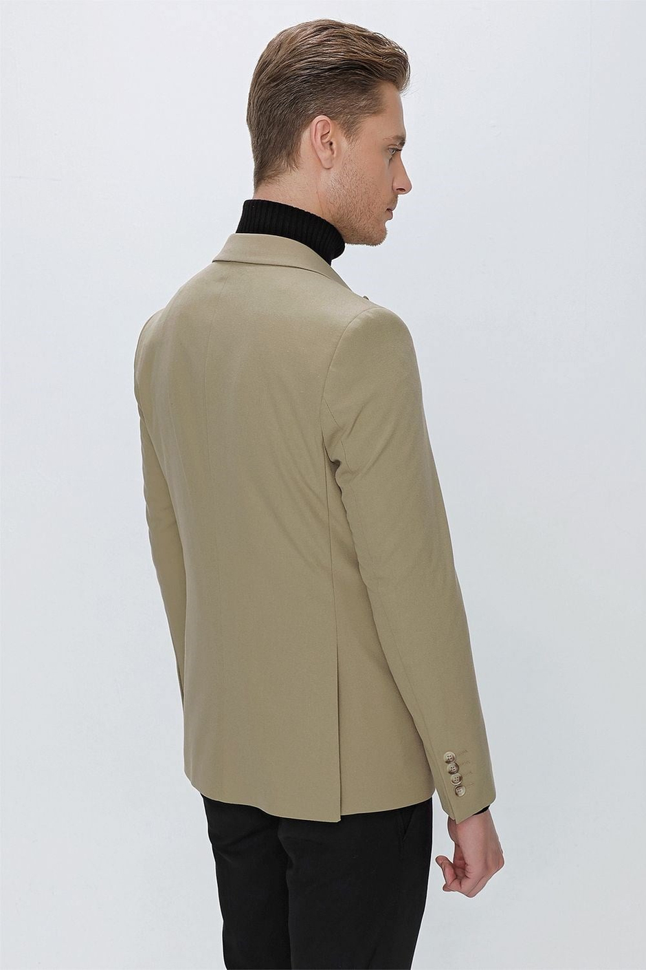 Slim Fit Çift Yırtmaç Kırangıç Yaka Düz Bej Blazer Ceket C 632