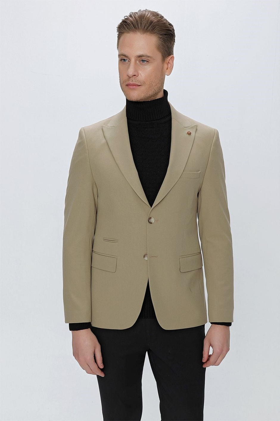 Slim Fit Çift Yırtmaç Kırangıç Yaka Düz Bej Blazer Ceket C 632