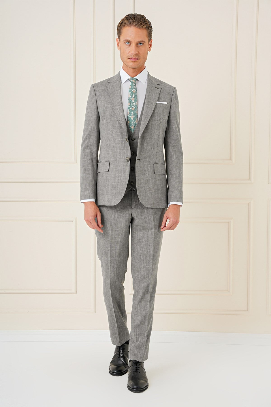 Slim Fit Çift Yırtmaç Kırçıllı Dokuma Haki Yelekli Takım Elbise TK 902