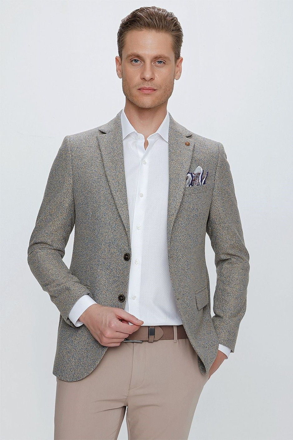 Slim Fit Çift Yırtmaç Kırçıllı Dokuma Camel Blazer Ceket C 633