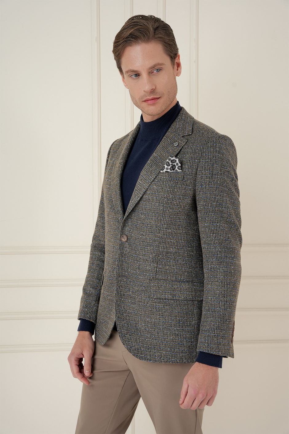 Slim Fit Çift Yırtmaç Kırçıllı Pötikare Dokuma %100 Yün Bej Ceket C 693