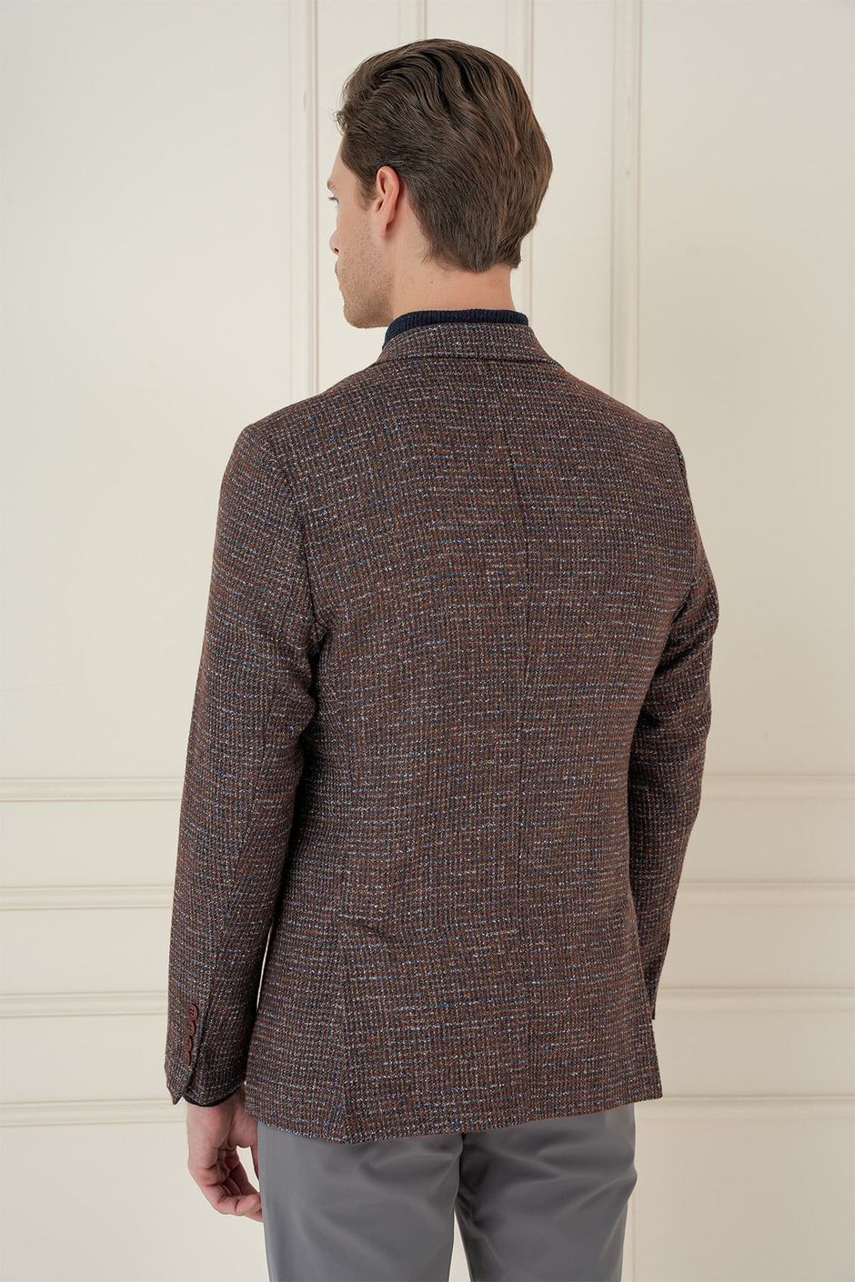 Slim Fit Çift Yırtmaç Kırçıllı Pötikare Dokuma %100 Yün Kiremit Ceket C 693