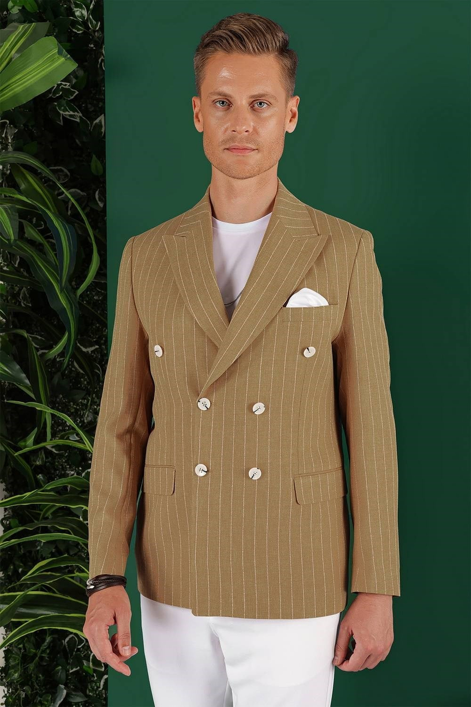 Slim Fit Çift Yırtmaç Pamuklu Çizgili Kruvaze Camel Ceket C 644
