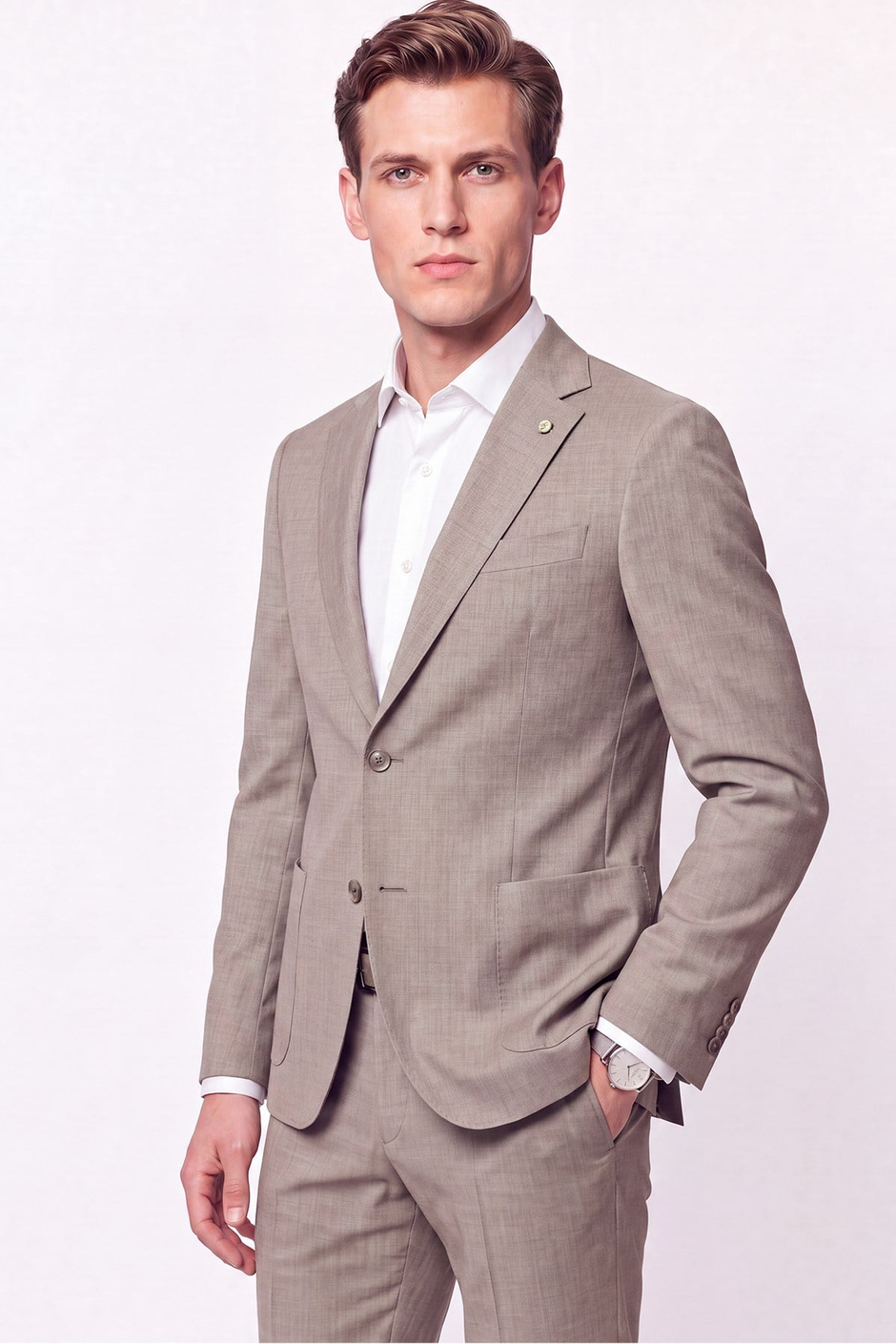 Slim Fit Çift Yırtmaç Torba Cep Esnek Yünlü Bej Takım Elbise TK 951