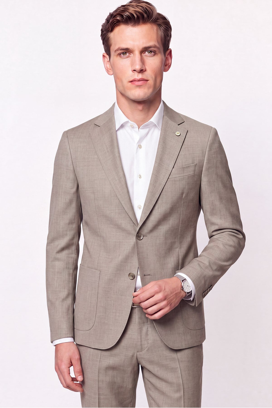 Slim Fit Çift Yırtmaç Torba Cep Esnek Yünlü Bej Takım Elbise TK 951