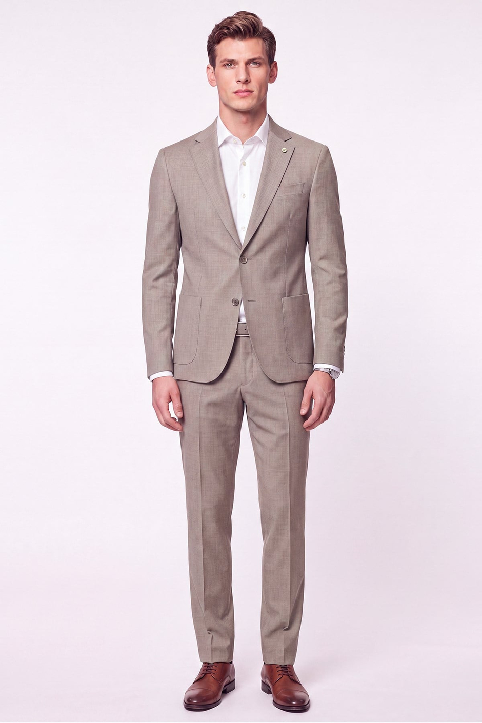 Slim Fit Çift Yırtmaç Torba Cep Esnek Yünlü Bej Takım Elbise TK 951