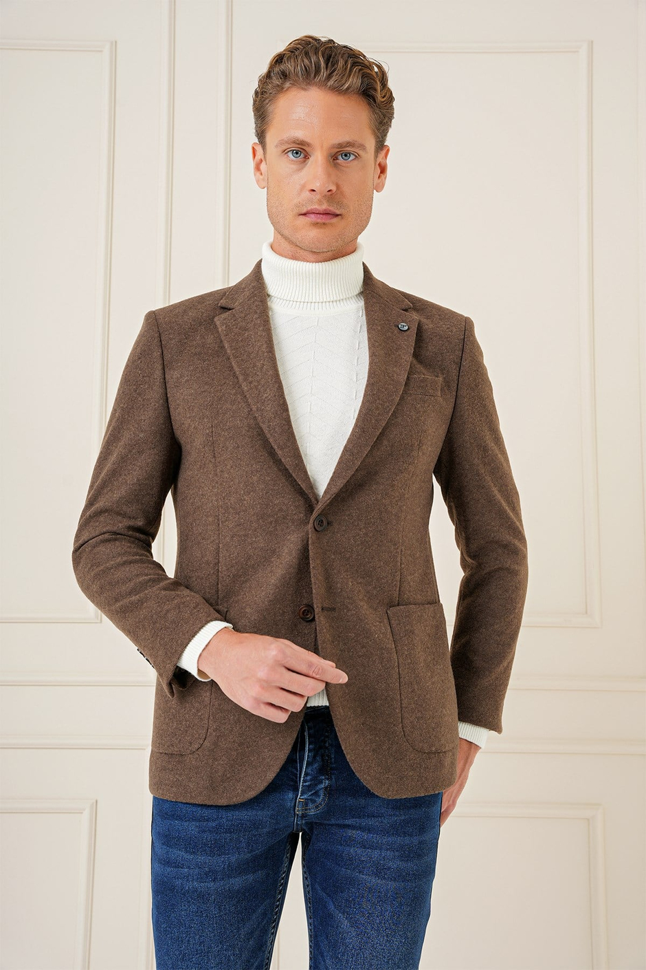 Slim Fit Çift Yırtmaç Torba Cepli %100 Yün Kahverengi Ceket C 689