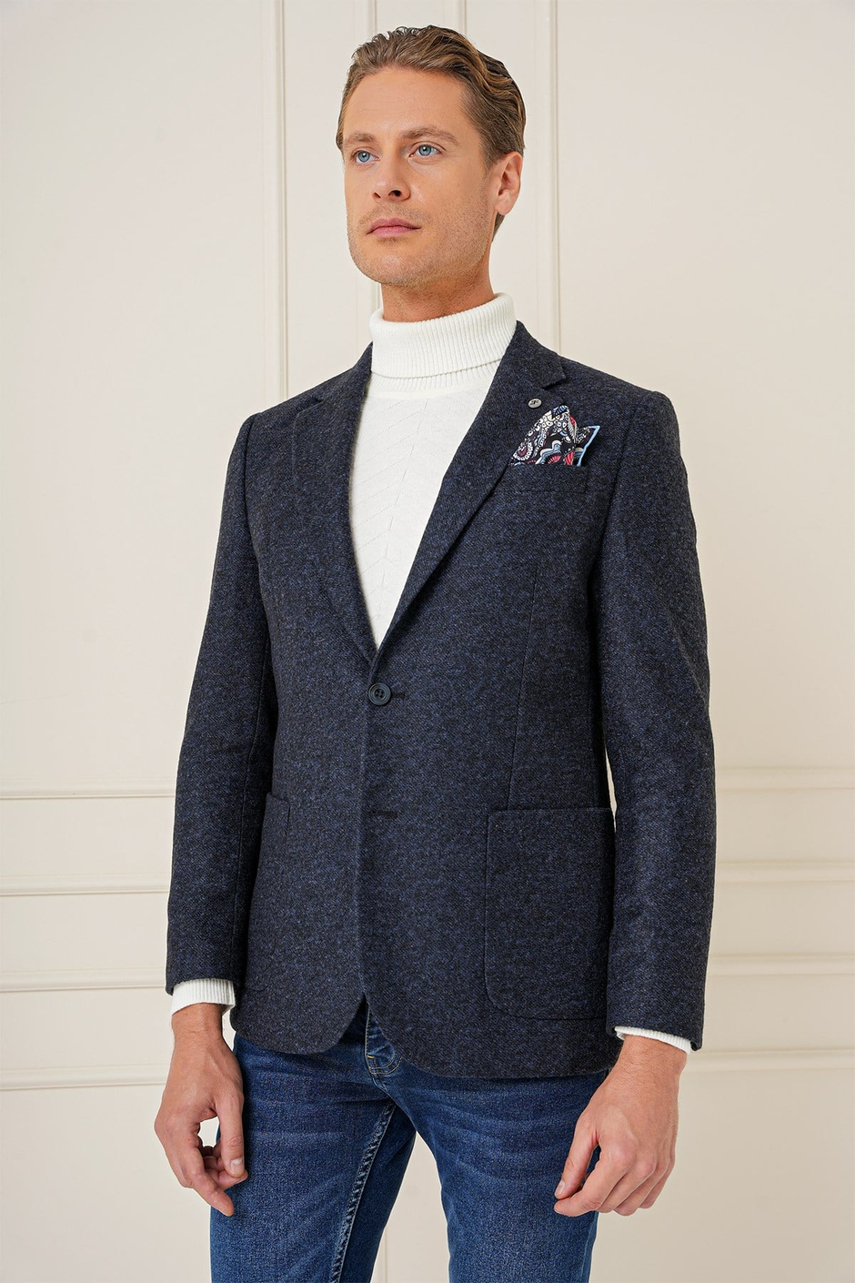 Slim Fit Çift Yırtmaç Torba Cepli %100 Yün Lacivert Ceket C 689