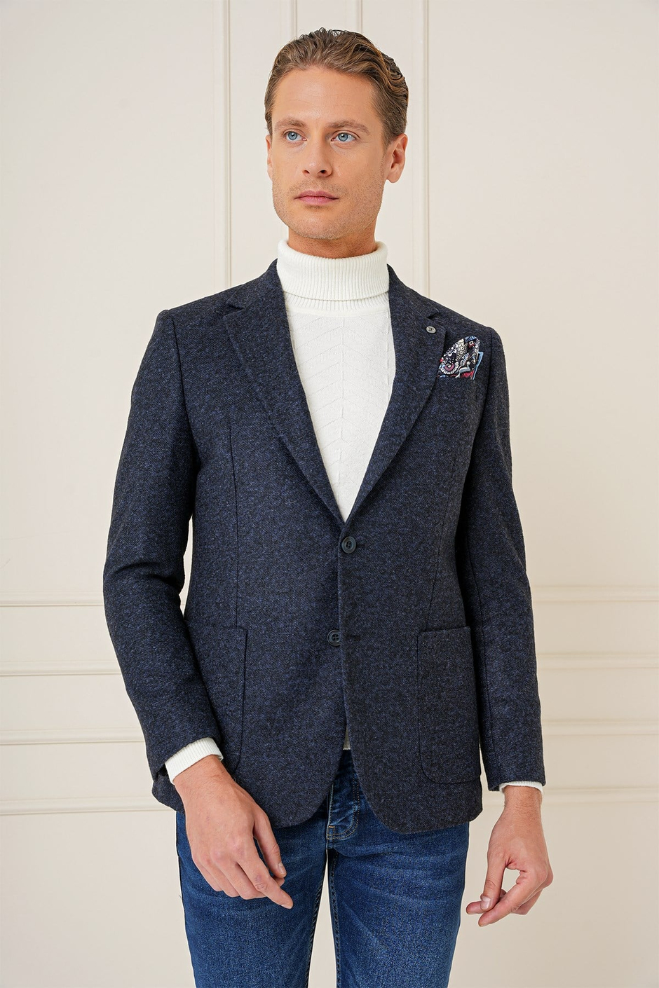 Slim Fit Çift Yırtmaç Torba Cepli %100 Yün Lacivert Ceket C 689
