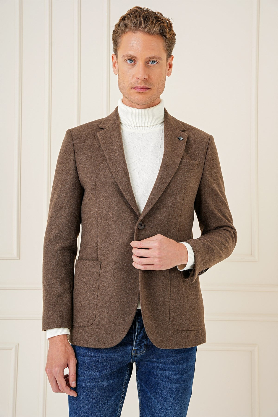 Slim Fit Çift Yırtmaç Torba Cepli %100 Yün Kahverengi Ceket C 689