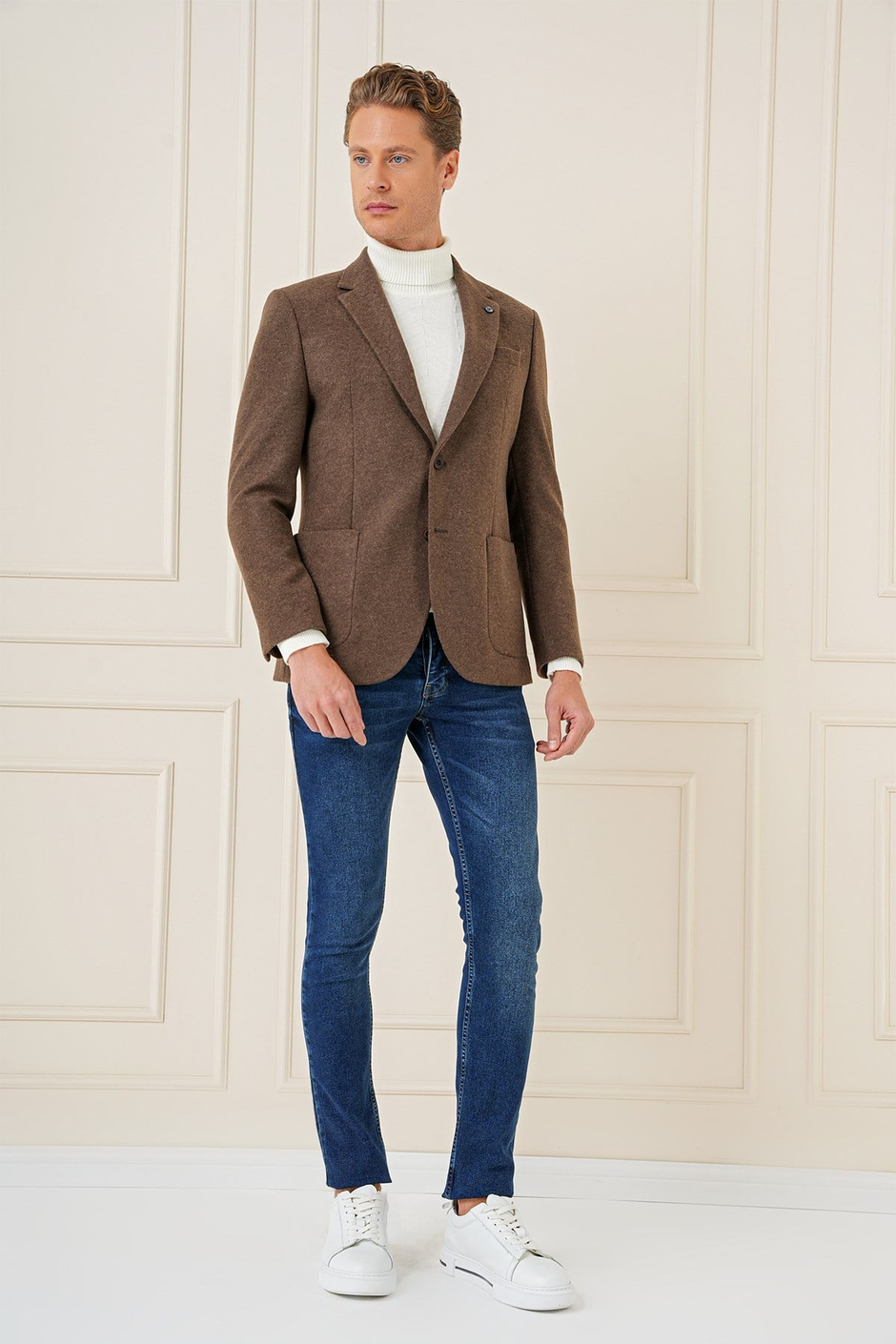 Slim Fit Çift Yırtmaç Torba Cepli %100 Yün Kahverengi Ceket C 689