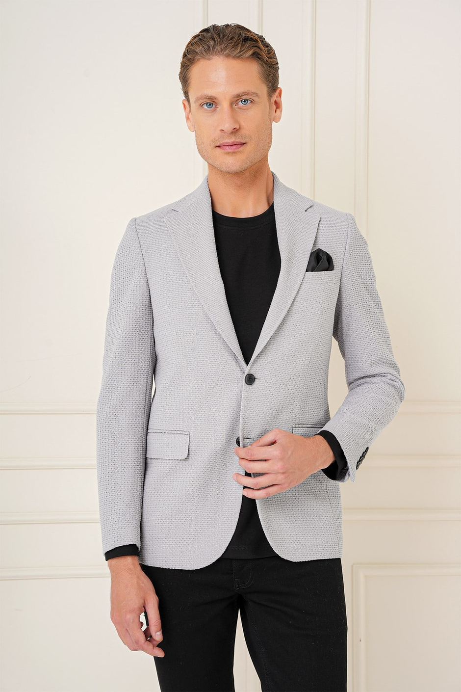 Slim Fit Çift Yırtmaç Yünlü Buklet Dokuma Gri Ceket C 686