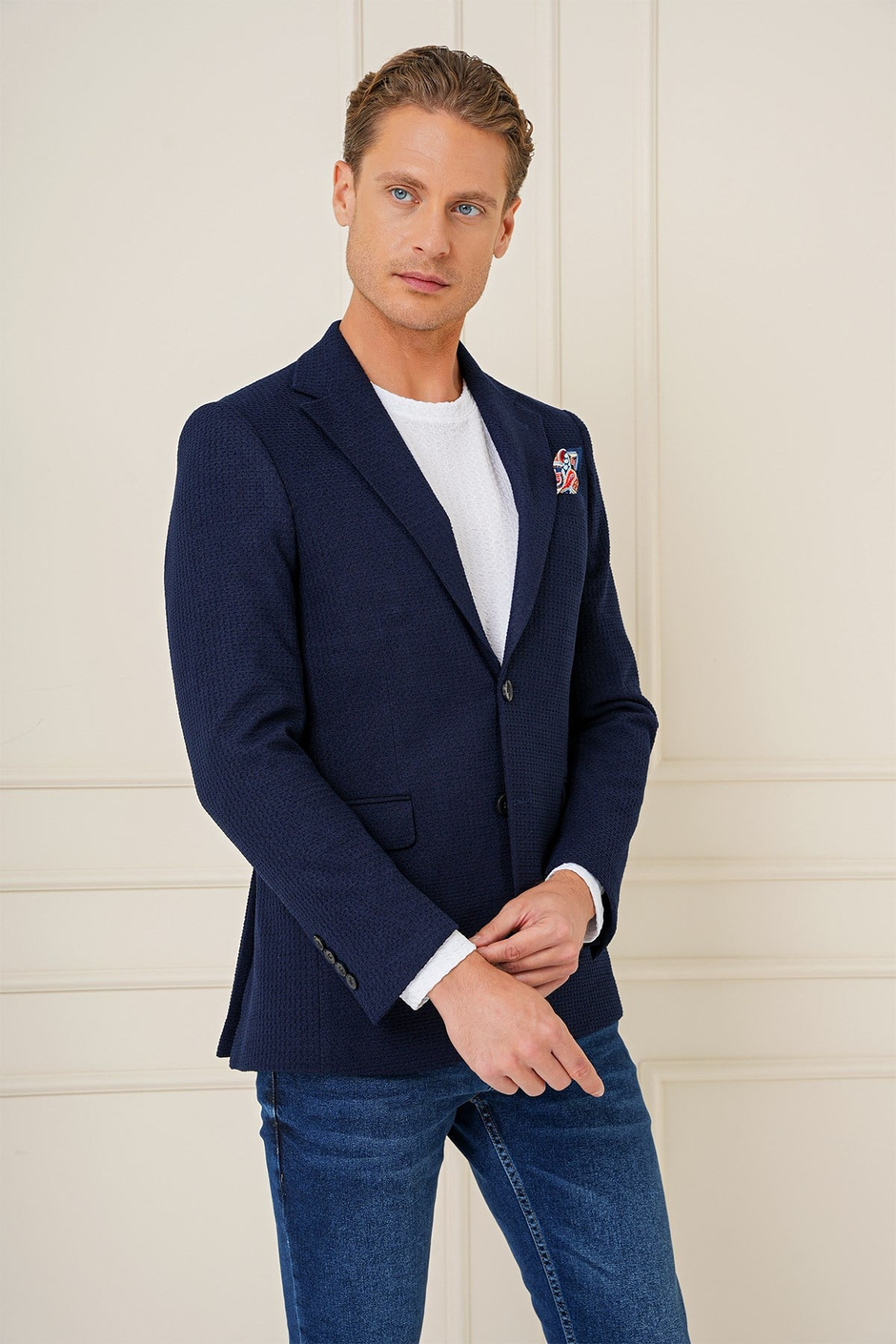 Slim Fit Çift Yırtmaç Yünlü Buklet Dokuma Lacivert Ceket C 686