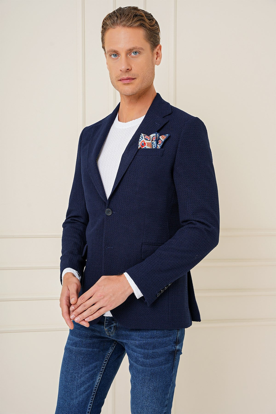 Slim Fit Çift Yırtmaç Yünlü Buklet Dokuma Lacivert Ceket C 686