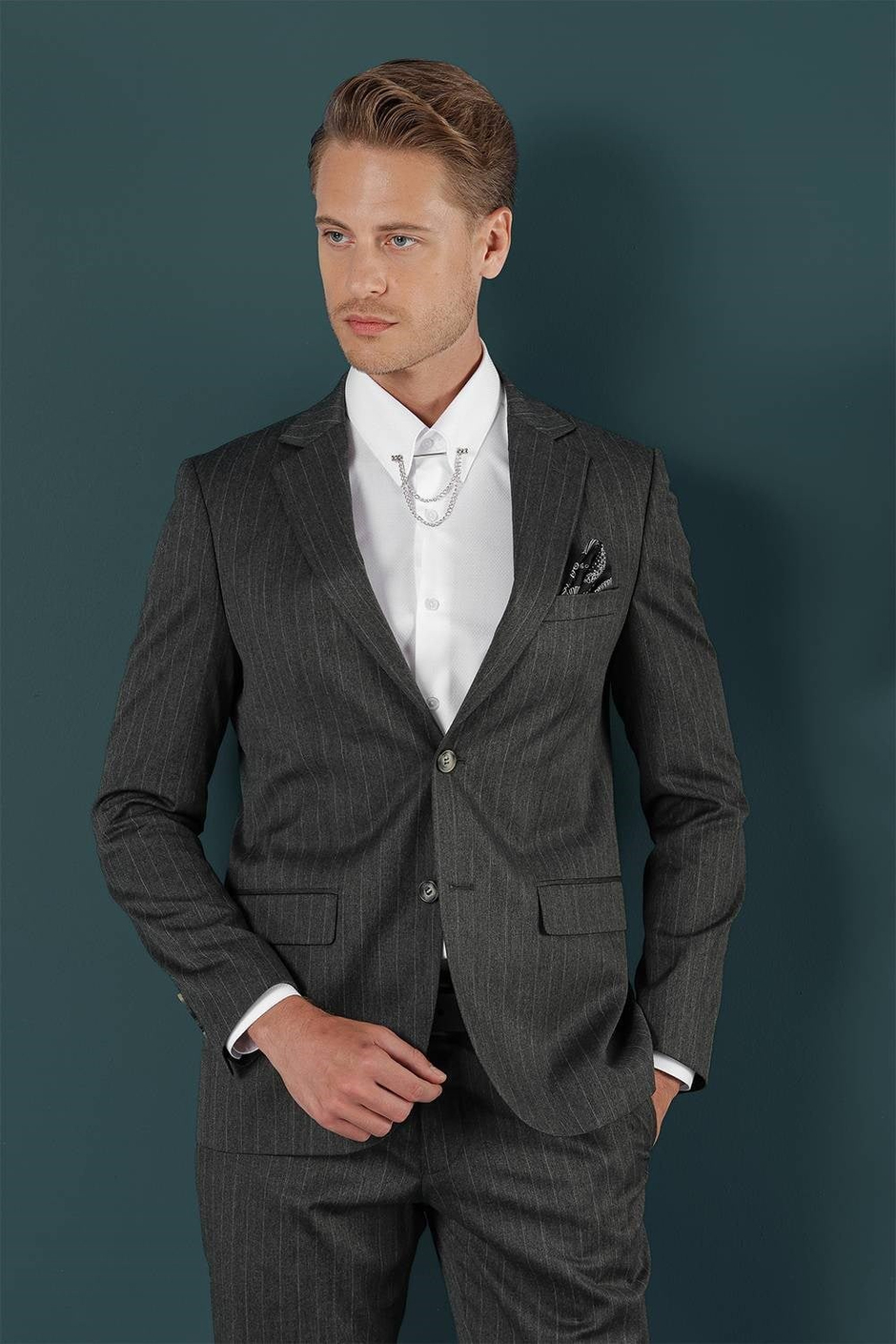 Slim Fit Çift Yırtmaç Yünlü Çizgili Füme Ceket C 652