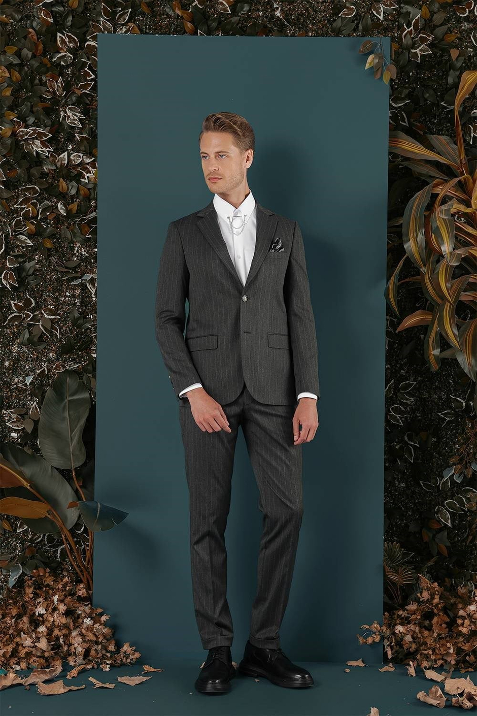 Slim Fit Çift Yırtmaç Yünlü Çizgili Füme Ceket C 652
