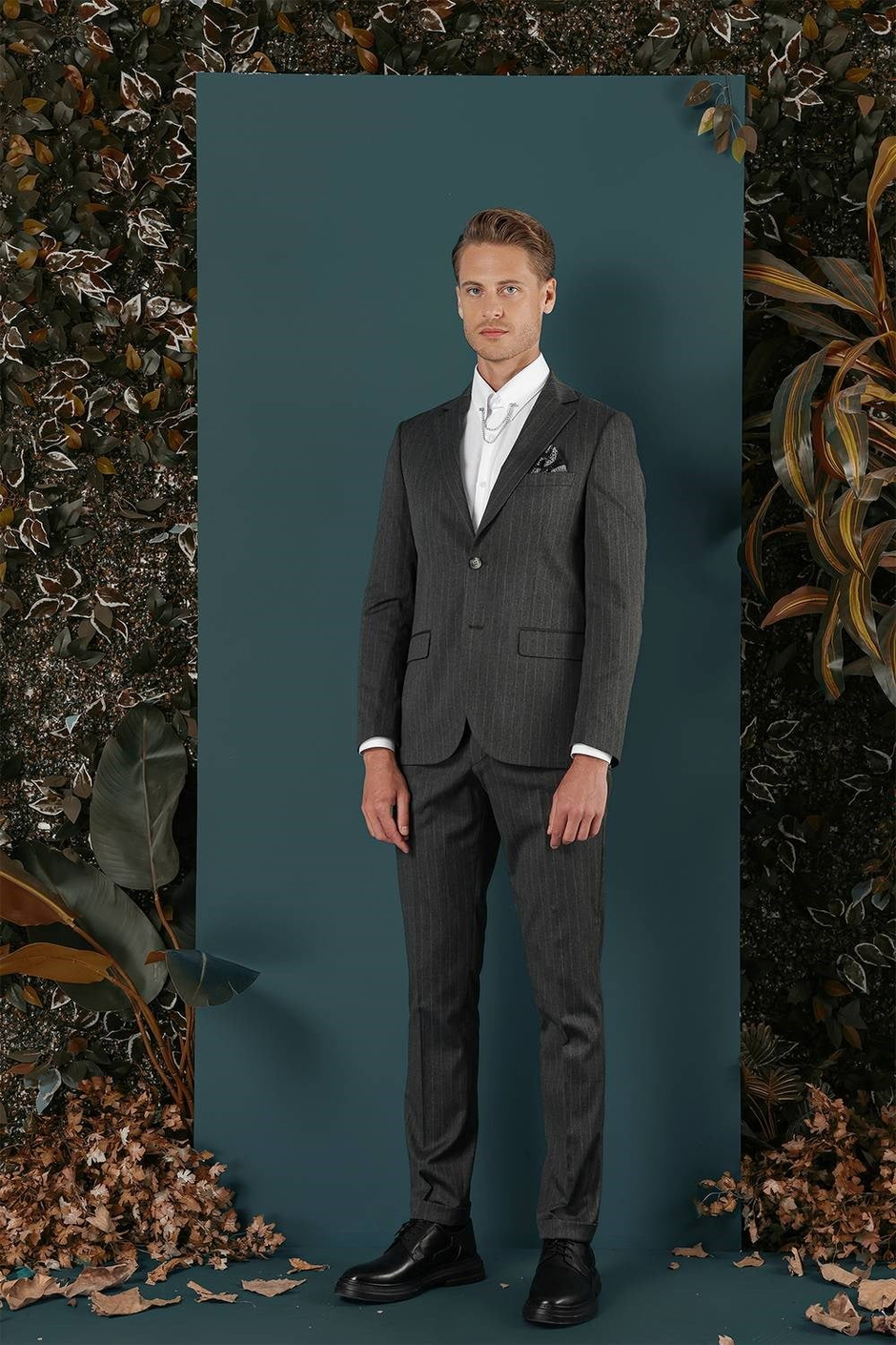 Slim Fit Çift Yırtmaç Yünlü Çizgili Füme Ceket C 652
