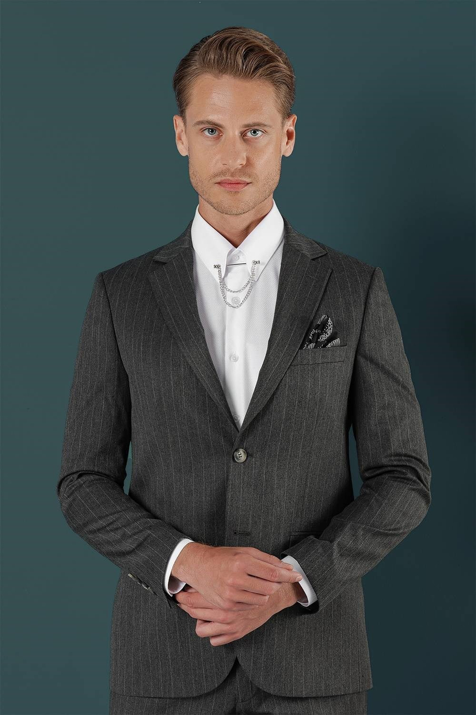 Slim Fit Çift Yırtmaç Yünlü Çizgili Füme Ceket C 652