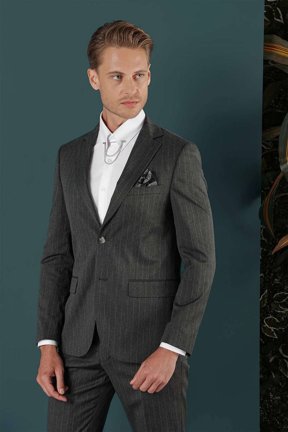 Slim Fit Çift Yırtmaç Yünlü Çizgili Füme Ceket C 652