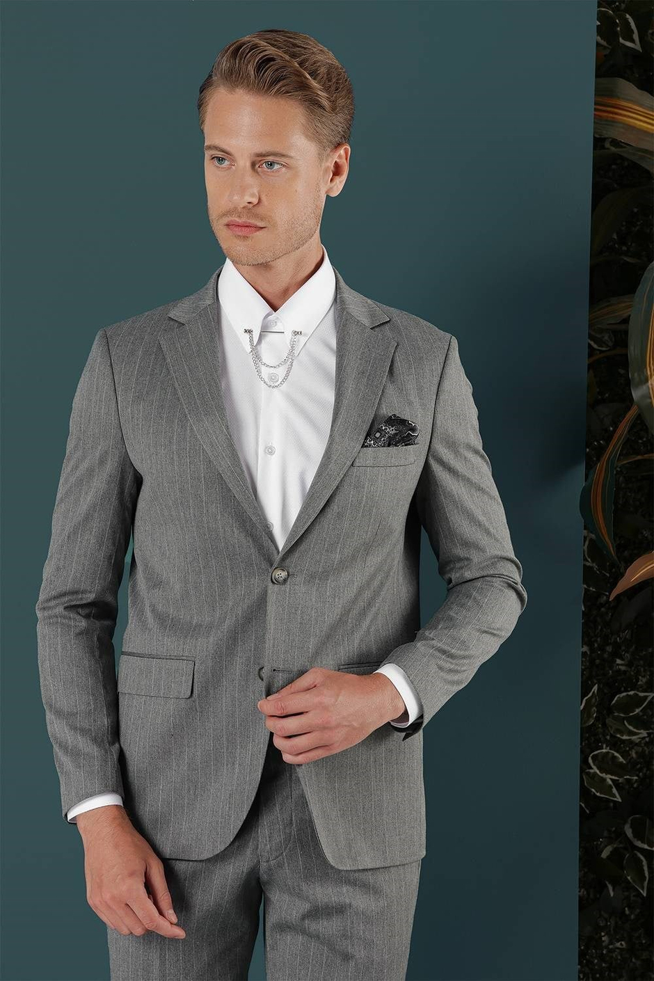 Slim Fit Çift Yırtmaç Yünlü Çizgili Gri Ceket C 652