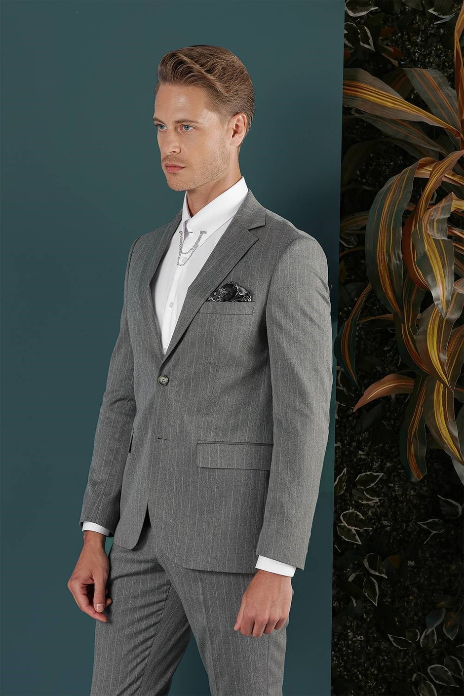 Slim Fit Çift Yırtmaç Yünlü Çizgili Gri Ceket C 652