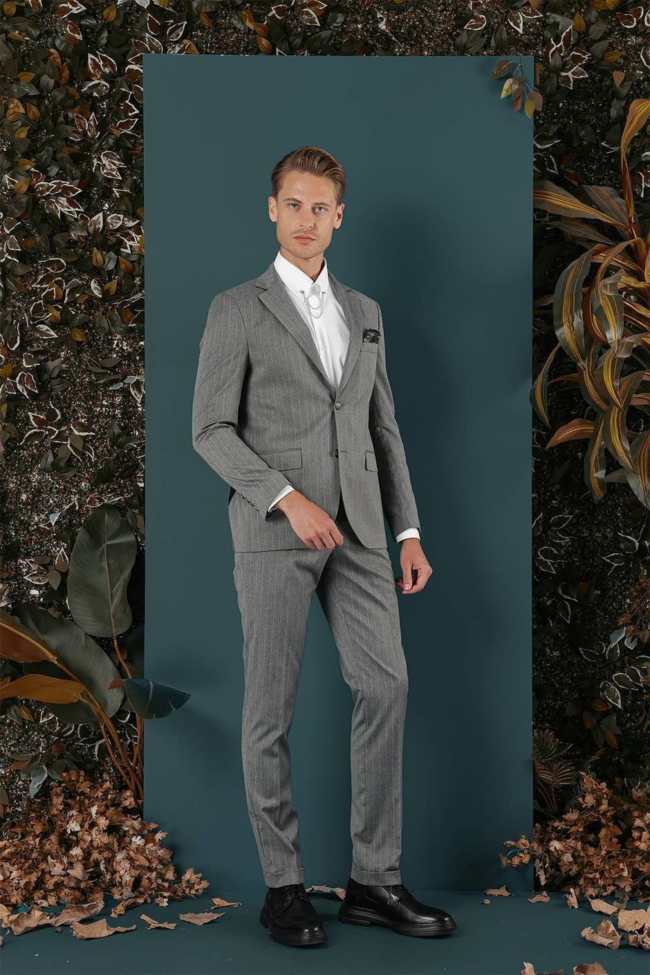 Slim Fit Çift Yırtmaç Yünlü Çizgili Gri Ceket C 652