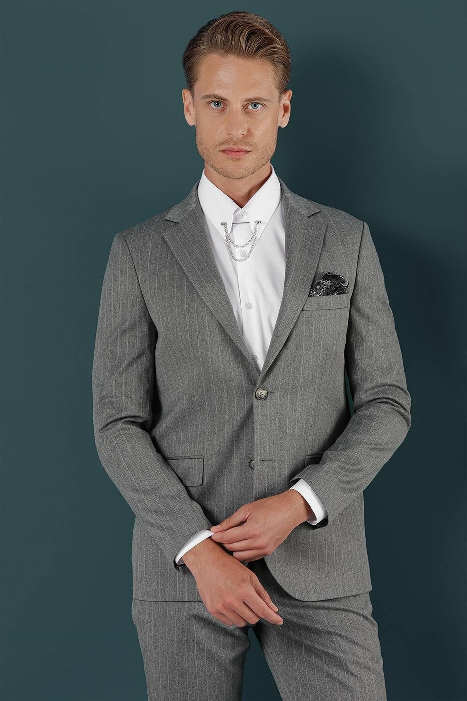 Slim Fit Çift Yırtmaç Yünlü Çizgili Gri Ceket C 652