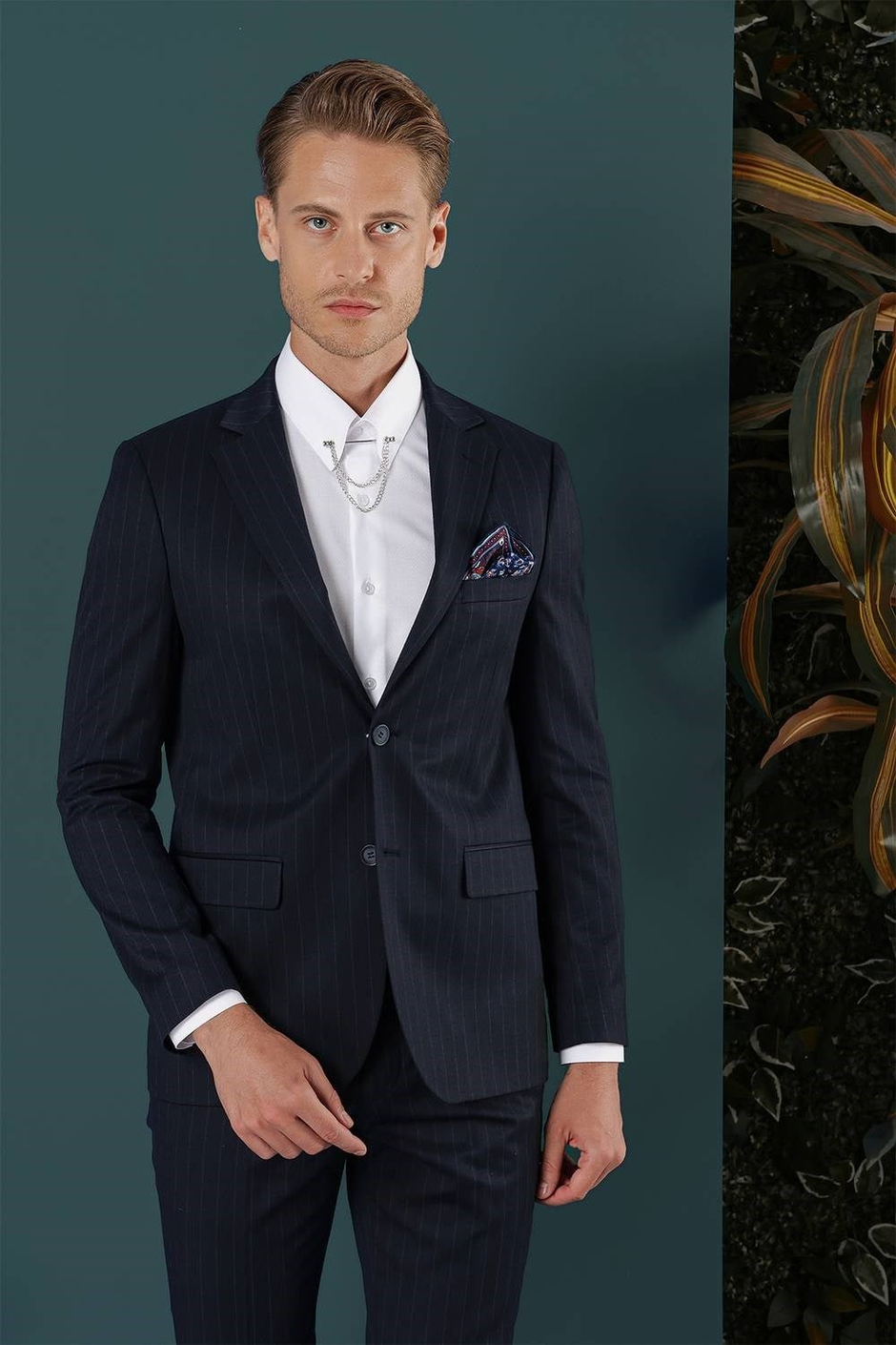 Slim Fit Çift Yırtmaç Yünlü Çizgili Lacivert Ceket C 652