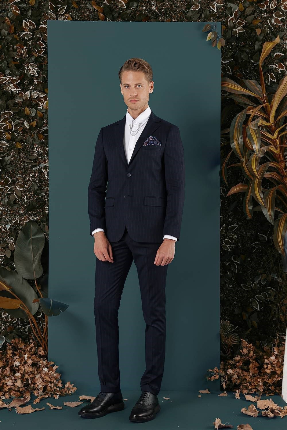 Slim Fit Çift Yırtmaç Yünlü Çizgili Lacivert Ceket C 652