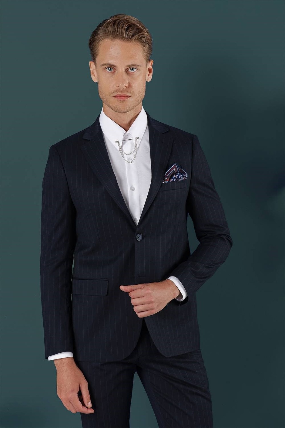 Slim Fit Çift Yırtmaç Yünlü Çizgili Lacivert Ceket C 652