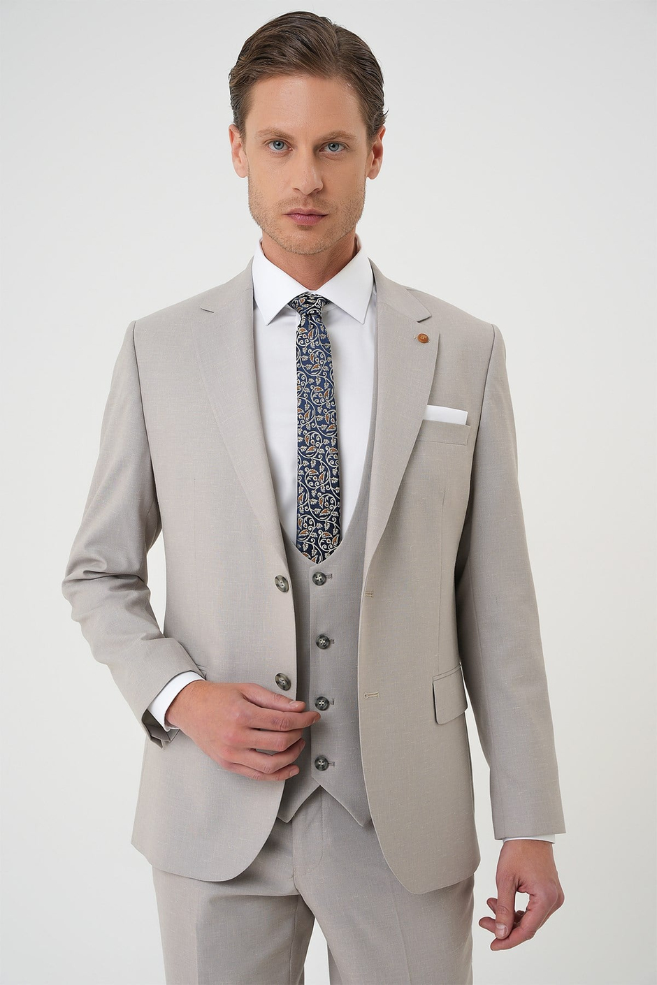 Slim Fit Çift Yırtmaç Keten Yelekli Klasik Taş Takım Elbise Tk 914