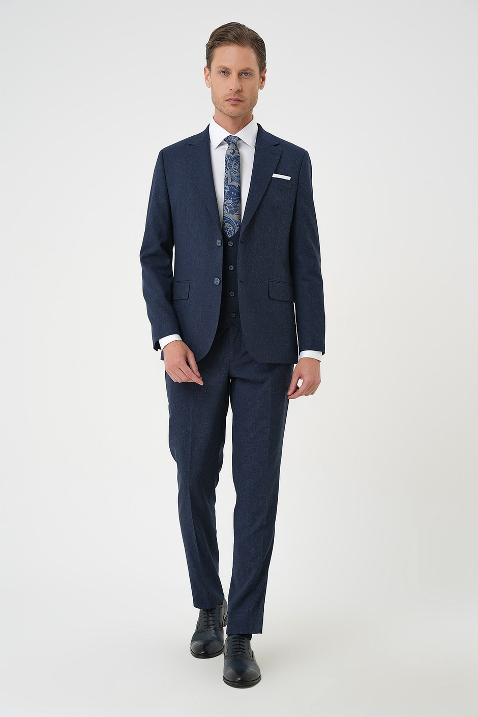 Slim Fit Çift Yırtmaç Yünlü Yelekli Klasik Lacivert Takım Elbise Tk 914