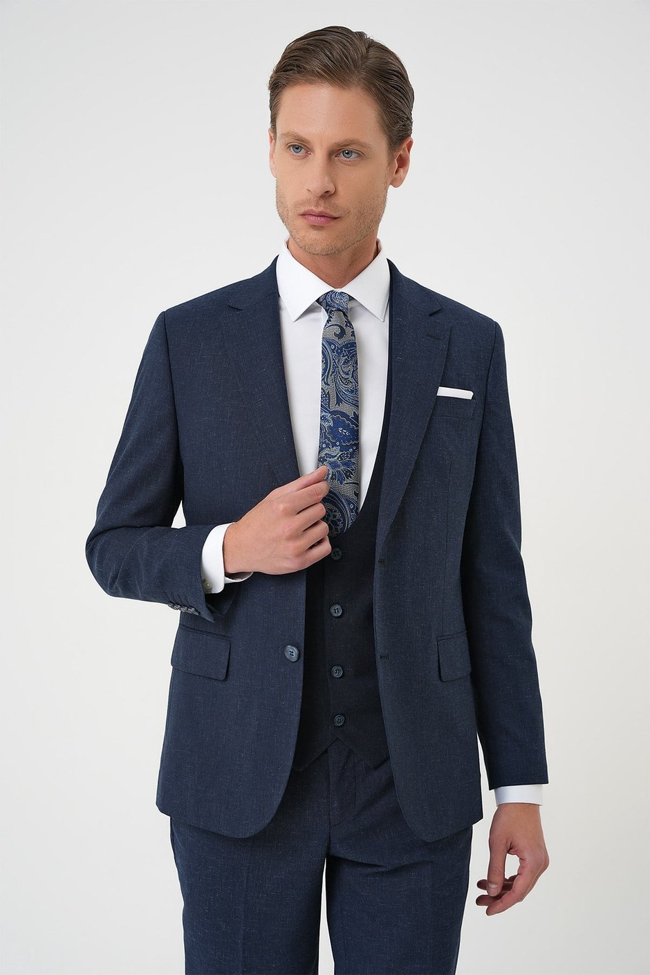 Slim Fit Çift Yırtmaç Yünlü Yelekli Klasik Lacivert Takım Elbise Tk 914