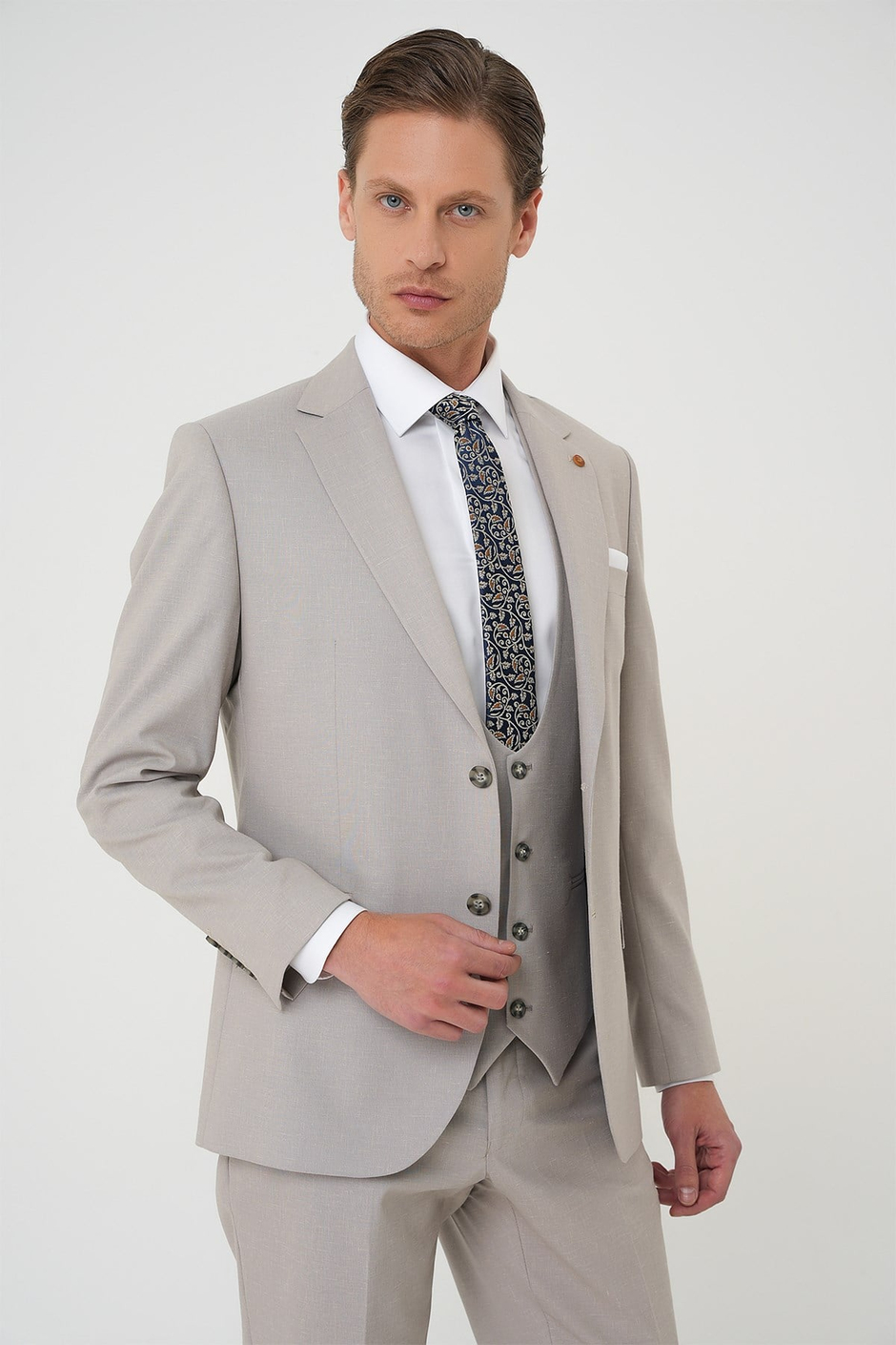 Slim Fit Çift Yırtmaç Keten Yelekli Klasik Taş Takım Elbise Tk 914