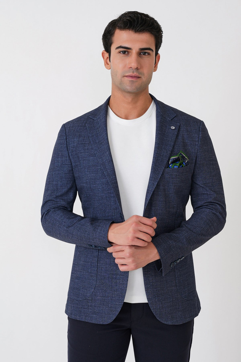 Slim Fit Çift Yırtmaçlı Torba Cep Esenk Yünlü Lacivert Ceket C 752