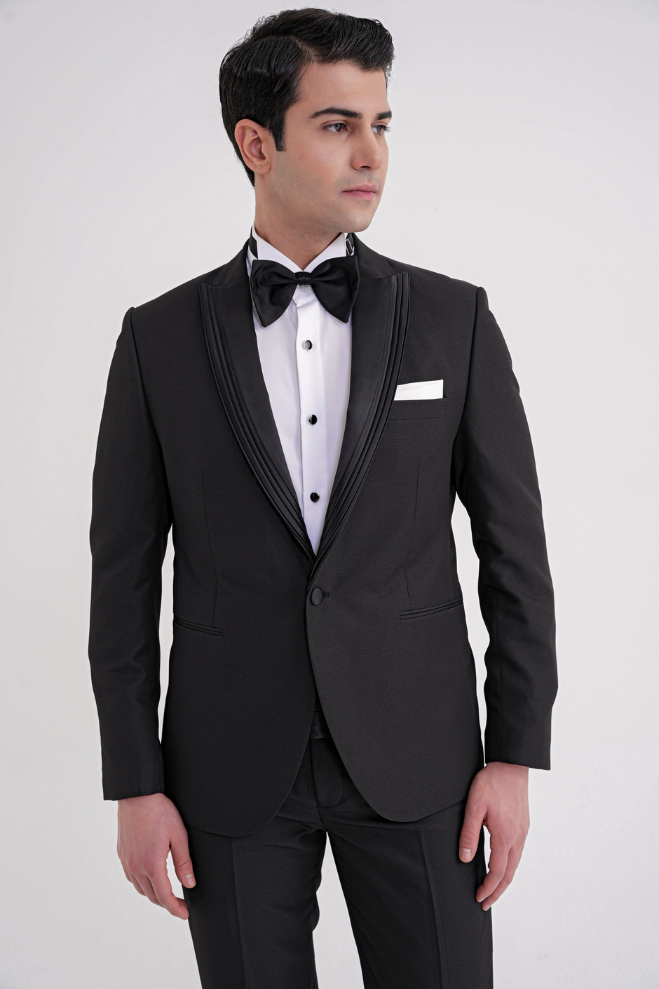Slim Fit Çift Yıtmaç Fleto Cep Doku Desenli Çıkarılabilir Saten Yaka Siyah Damatlık Smokin Takım Black 083 EF