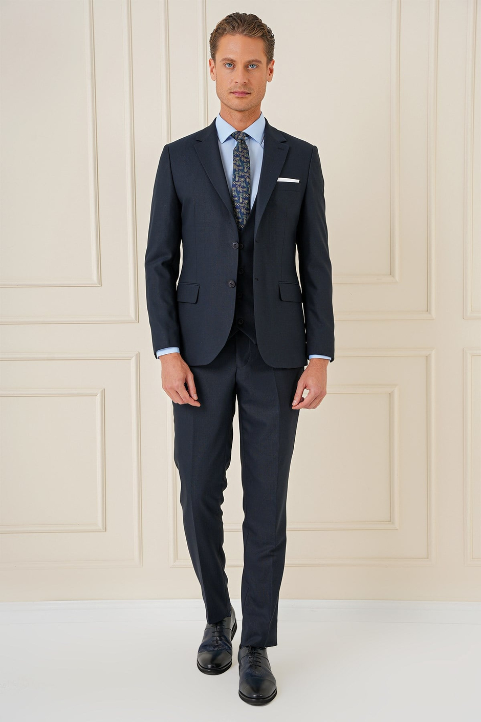 Slim Fit Çift Yıtmaç Lacivert Klasik Yelekli Takım Elbise TK 896