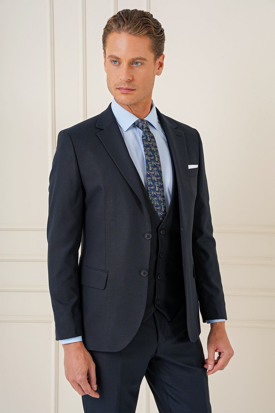 Slim Fit Çift Yıtmaç Lacivert Klasik Yelekli Takım Elbise TK 896