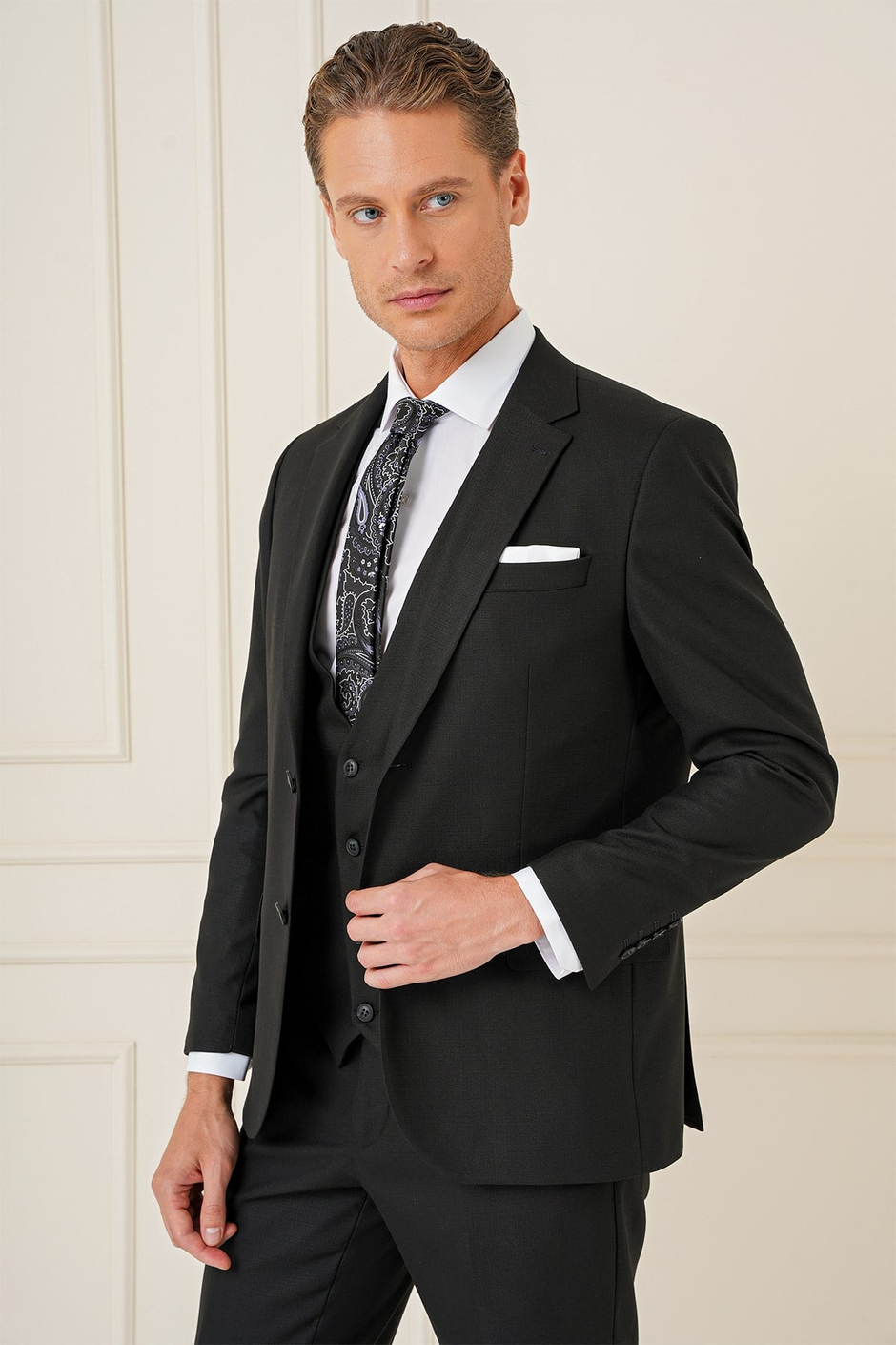 Slim Fit Çift Yıtmaç Siyah Klasik Yelekli Takım Elbise TK 896