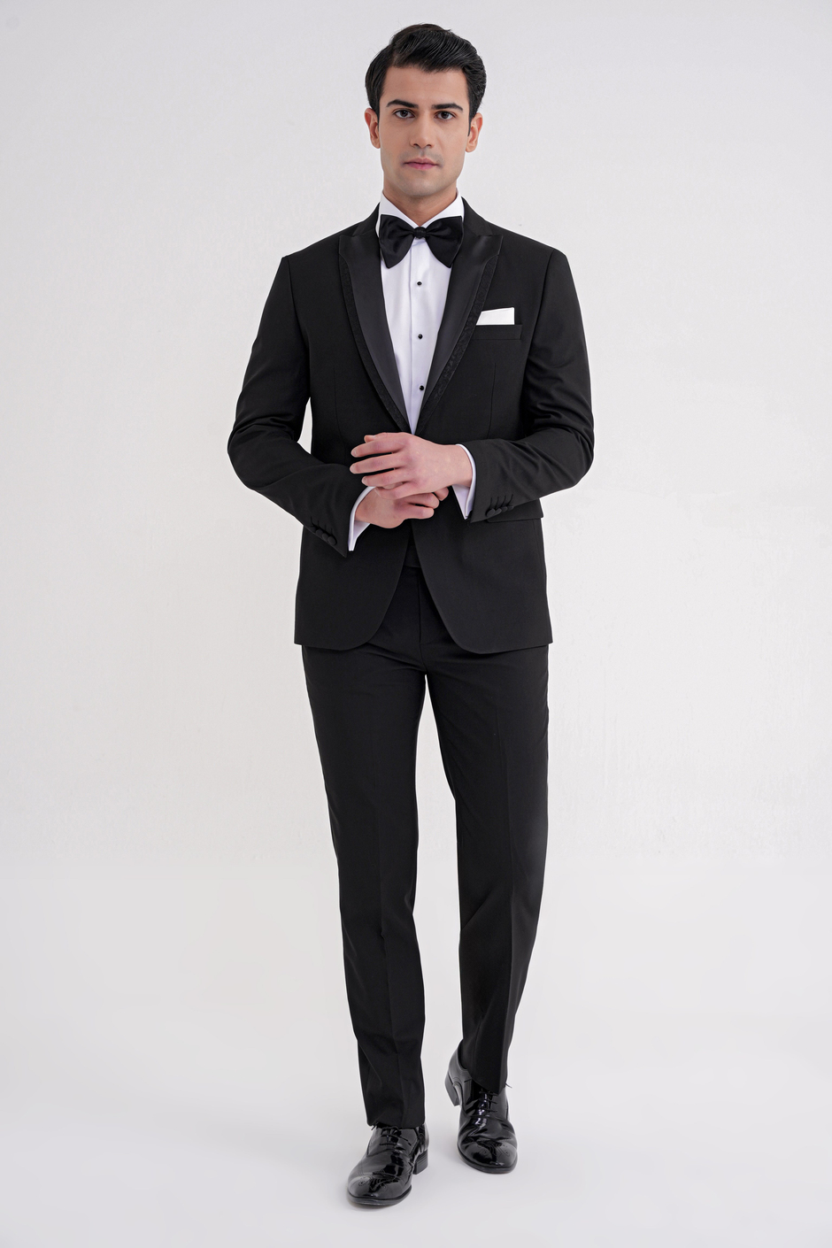 Slim Fit Çıkarılabilir Kırlangıç Saten Yaka Siyah Damatlık Smokin Takım Black 085