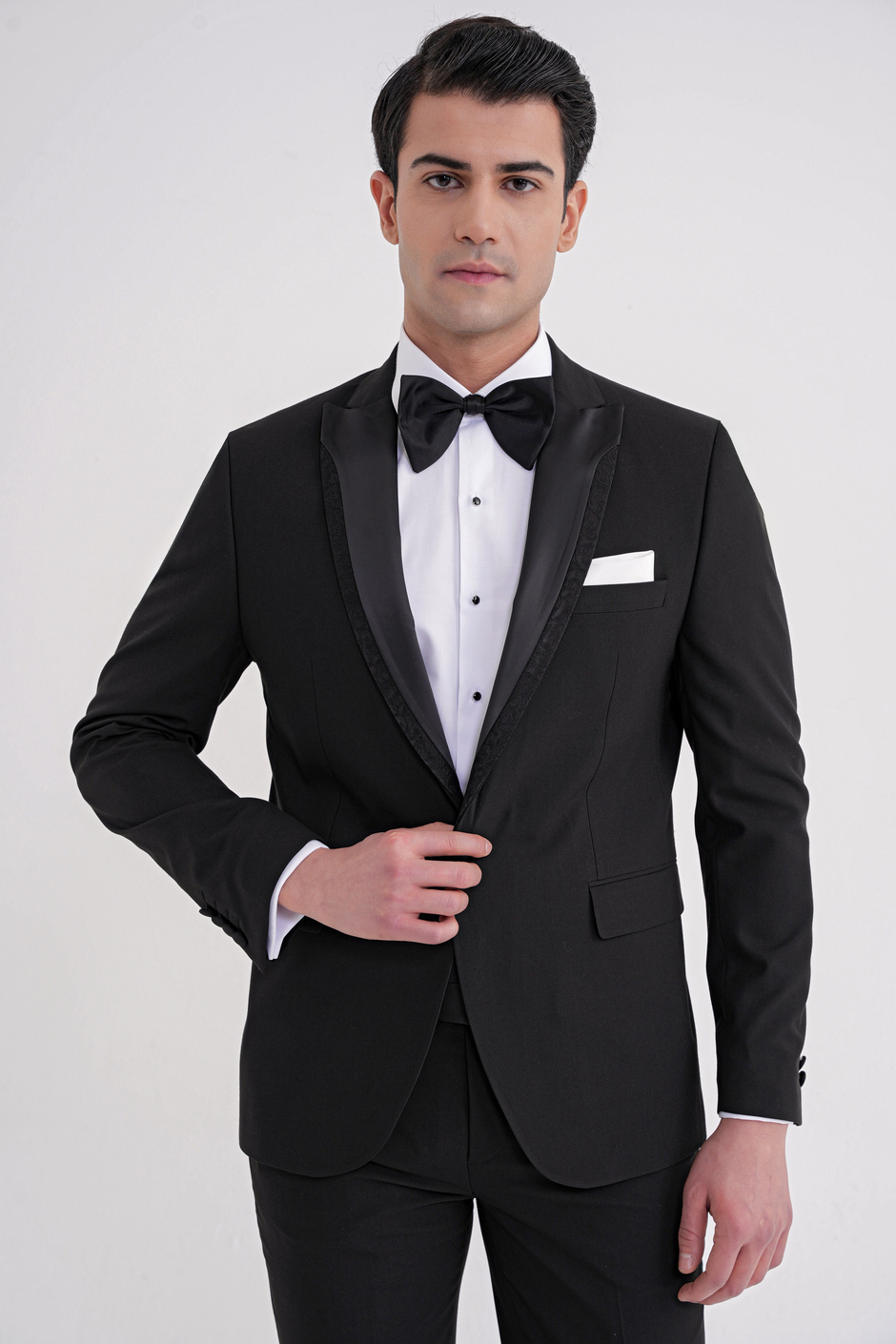 Slim Fit Çıkarılabilir Kırlangıç Saten Yaka Siyah Damatlık Smokin Takım Black 085