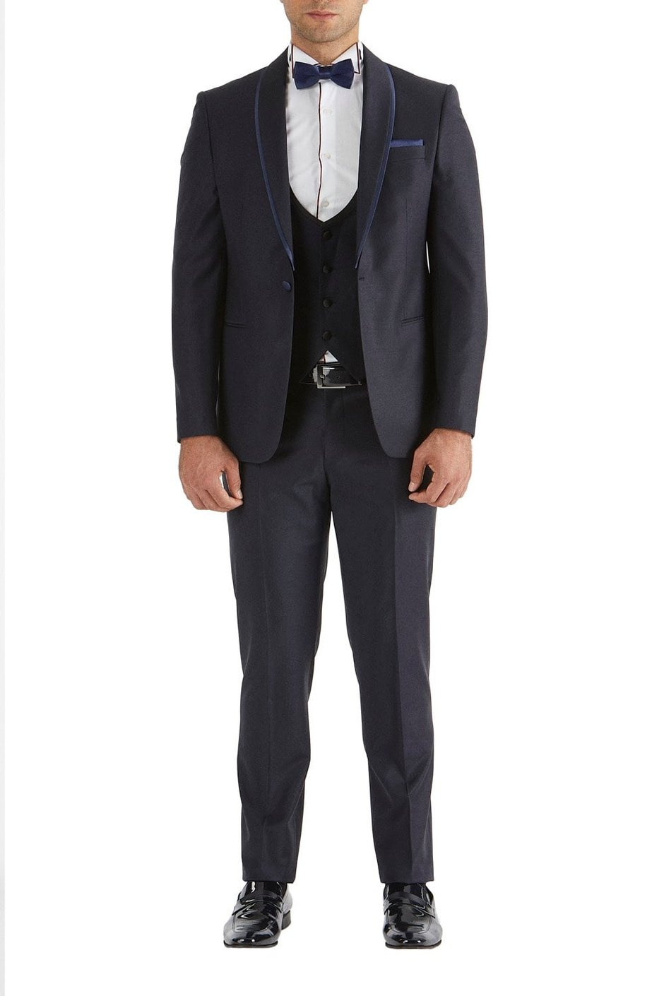 Slim Fit Çıkarılabilir Saten Şal Yaka Lacivert Damatlık Smokin Takım Black 037
