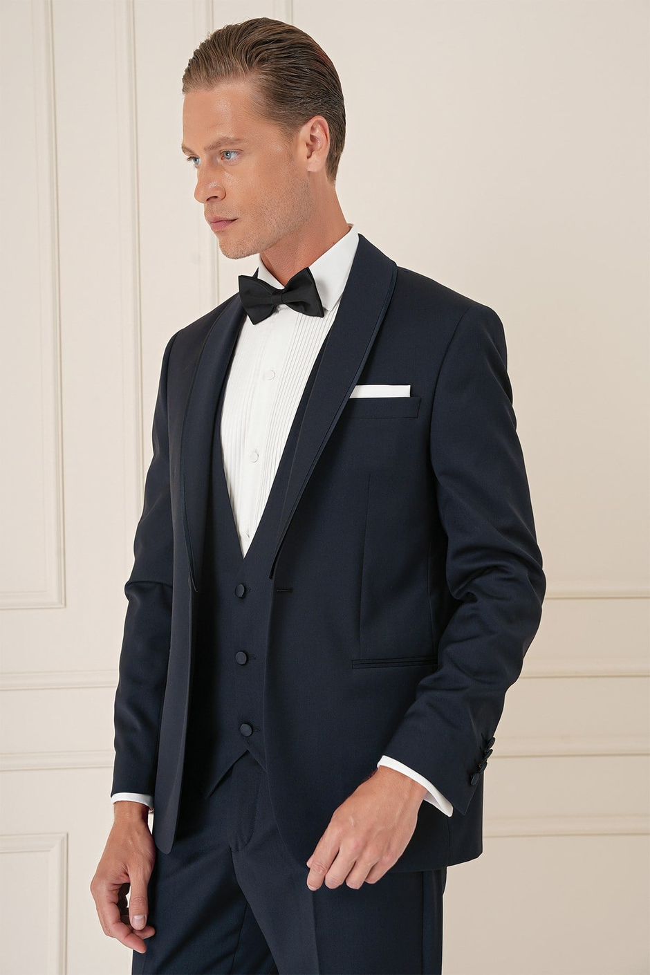 Slim Fit Çıkarılabilir Saten Yaka Cerutti Kumaş Yelekli Lacivert Damatlık Smokin Takım Black 078