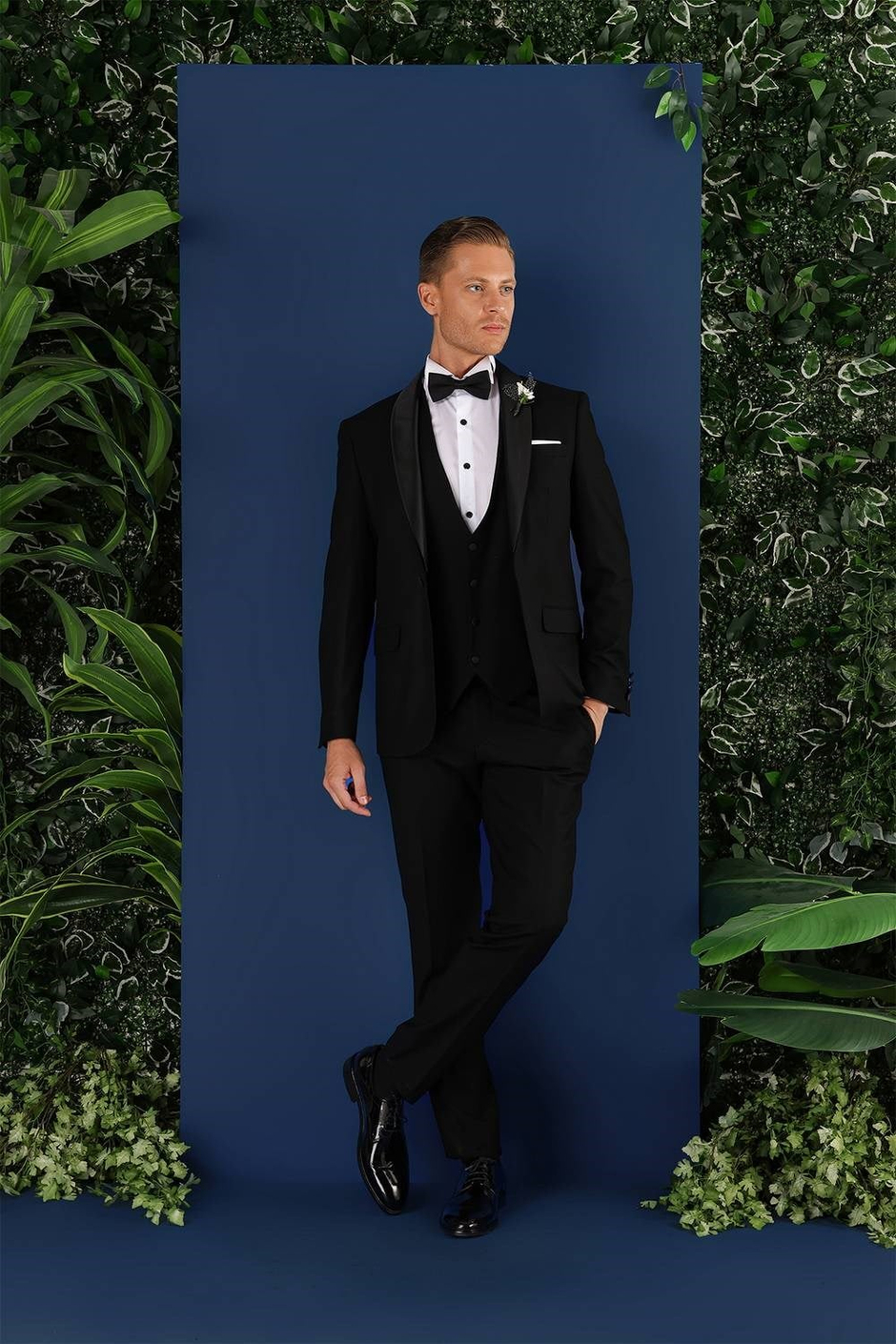 Slim Fit Çıkarılabilir Saten Yaka Doku Desenli Yelekli Siyah Damatlık Smokin Takım Elbise Black 069