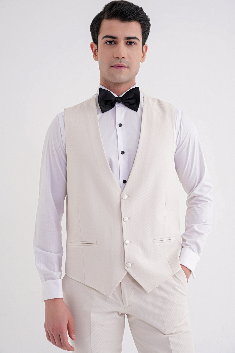 Slim Fit Çıkarılabilir Saten Yaka Doku Desenli Yelekli Krem Damatlık Smokin Takım Elbise Black 069